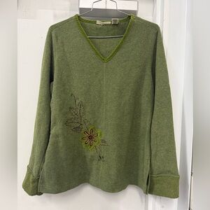 Green V-Neck Sweater with Floral Embroidery